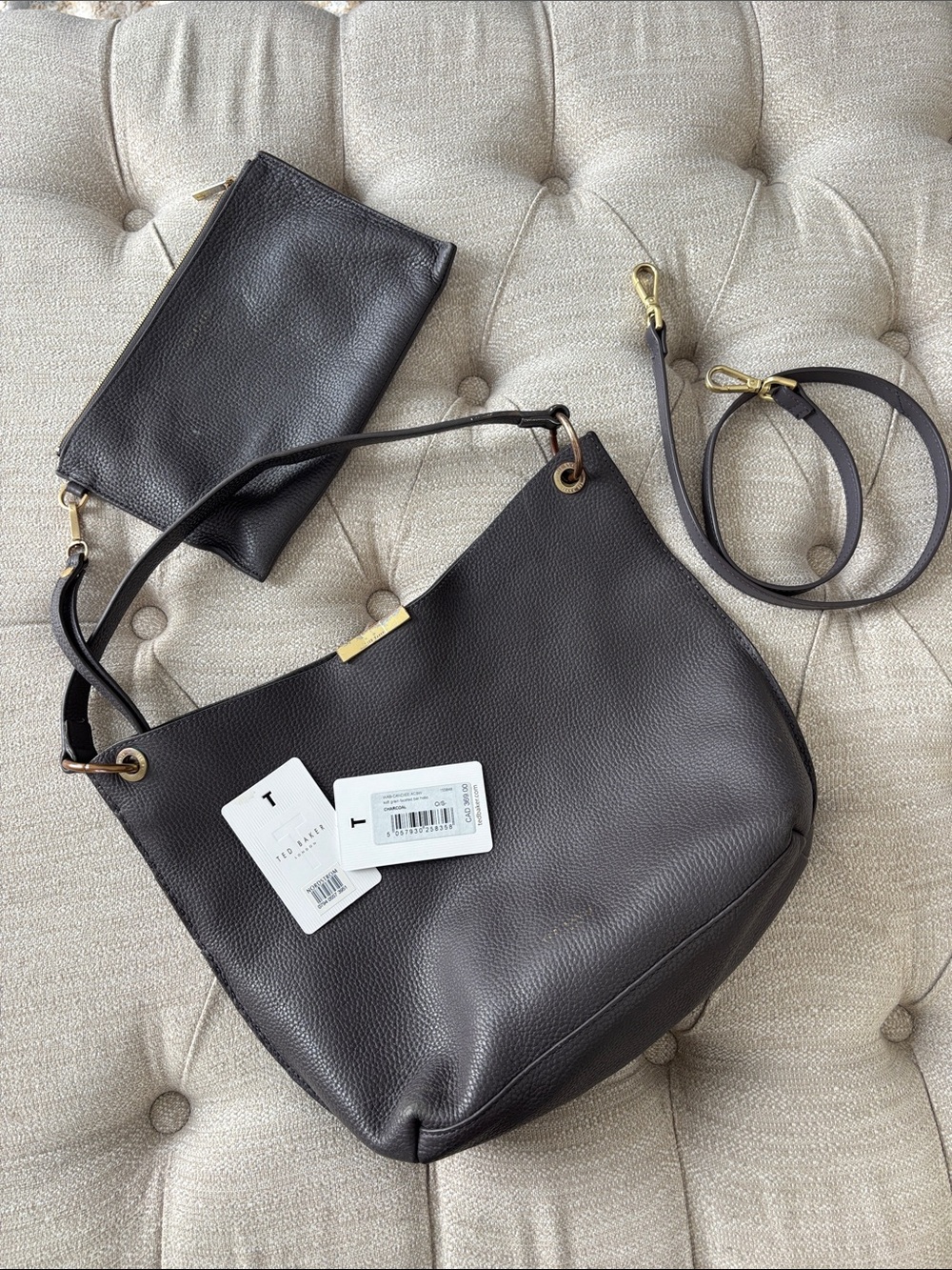 Ted Baker charcoal Pebbled Leather Hobo Bag w/Pouch & long strap for cross body